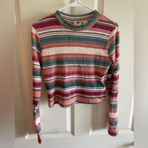 Women’s Roxy cropped long sleeve shirt, blue/pink stripes. Brand new with tags